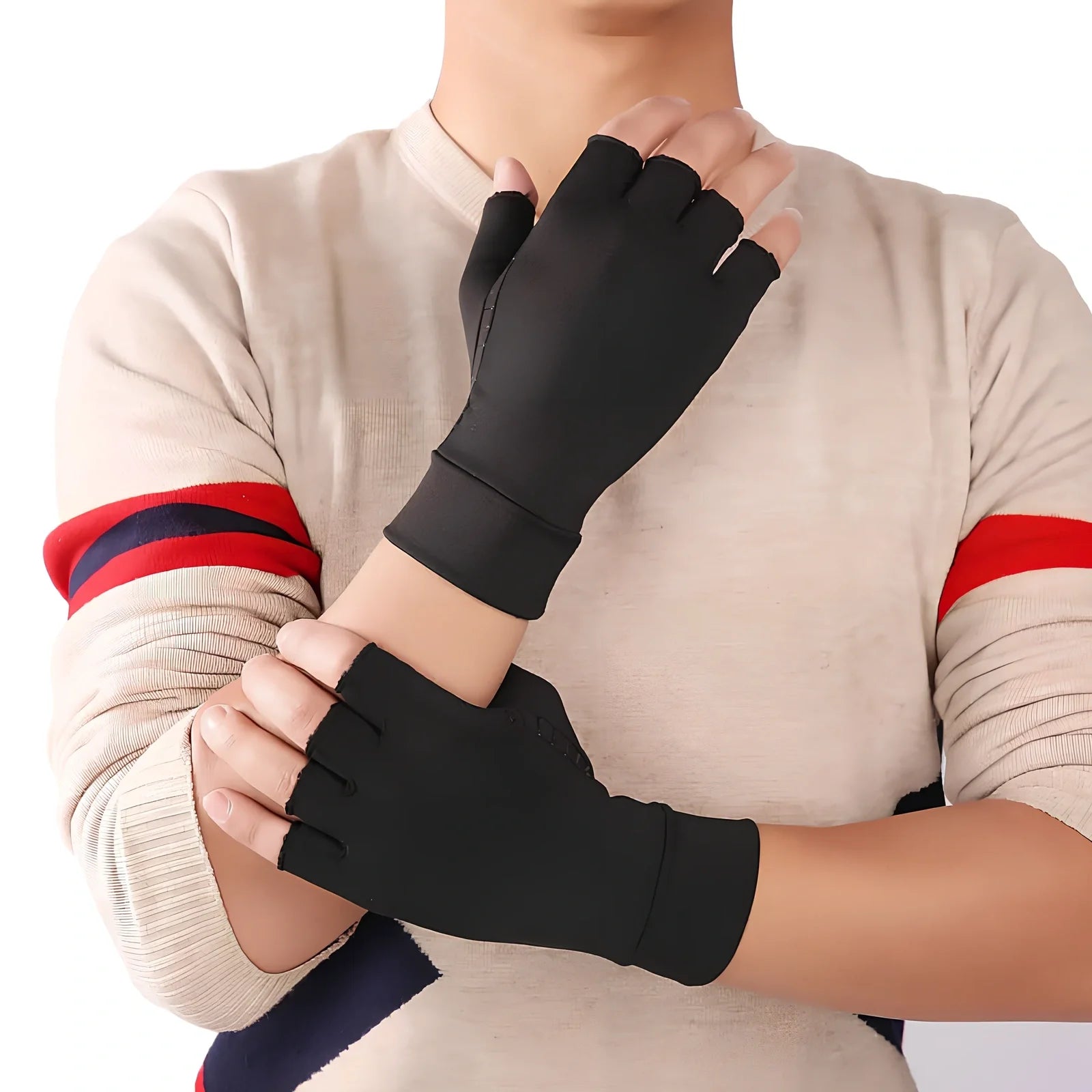 Black full-finger arthritis pressure gloves with silicone grip, sizes S M L for hand pain relief and circulation