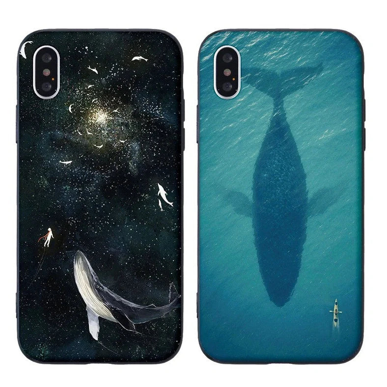 Silicone mobile phone case with Japanese-Korean design aesthetic, compatible with Apple iPhone 6s through Xs Max models, featuring creative whale pattern artwork for device protection