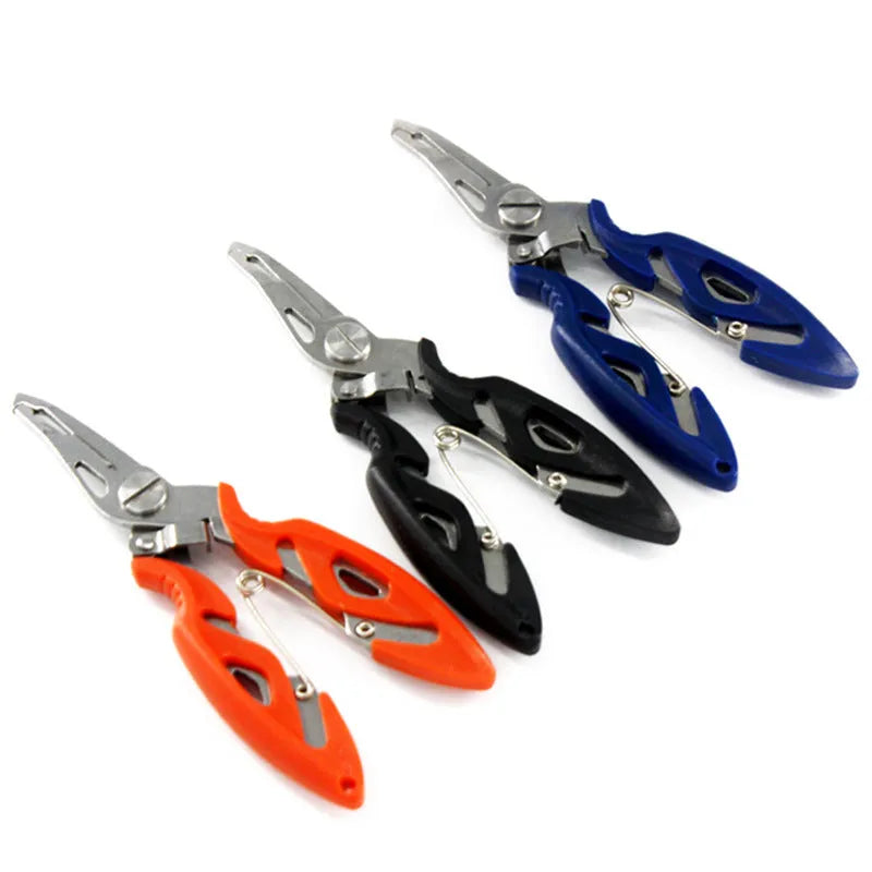 Stainless steel curved nose fishing pliers in black with cover on white background