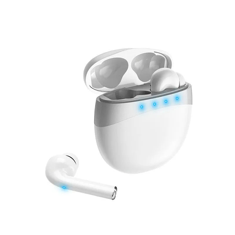 White digital display Bluetooth earbuds in charging case showing four LED battery lights