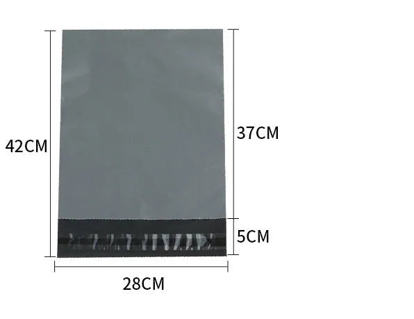 Bundle of 100 clear plastic courier clothing bags in multiple sizes with adhesive closure stickers.