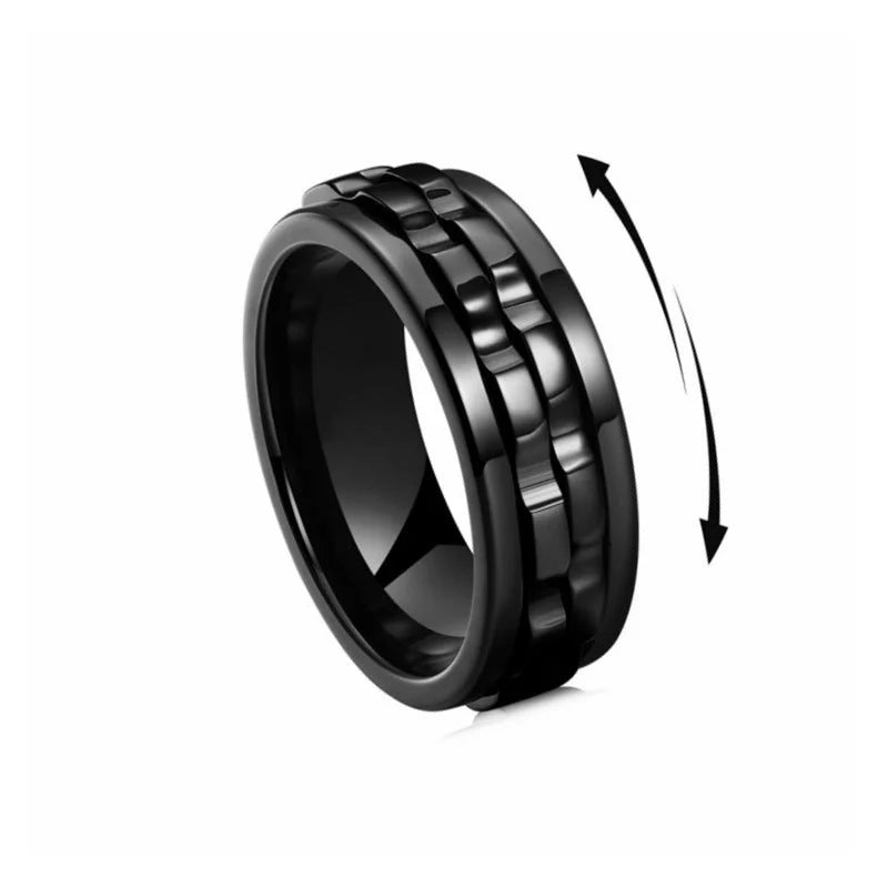Men's titanium spinner ring with square texture and rotating gear design