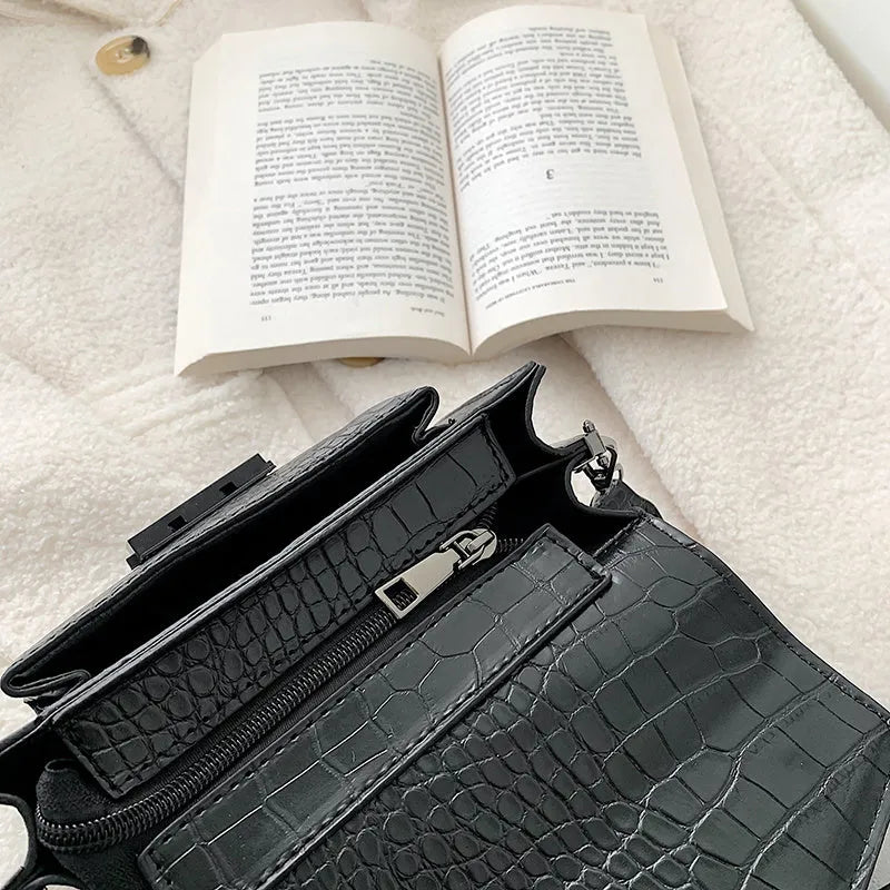 Vintage style PU crossbody bag in black, shown with dimensions for mobile phones and wallets
