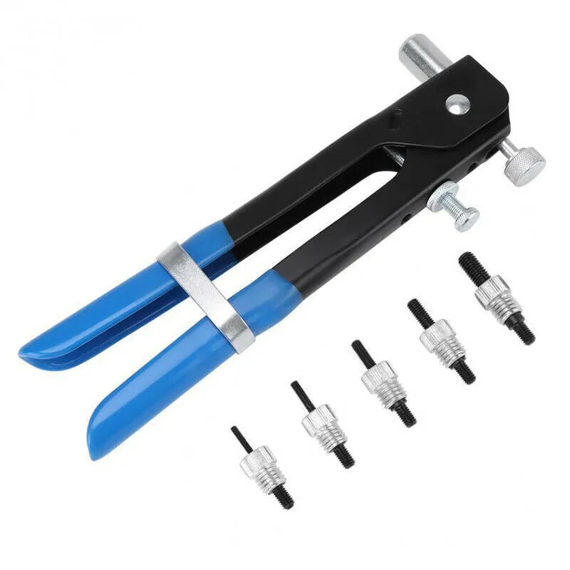 Alloy steel manual riveter gun with a case of rivet nuts from an 86-piece or 106-piece kit.