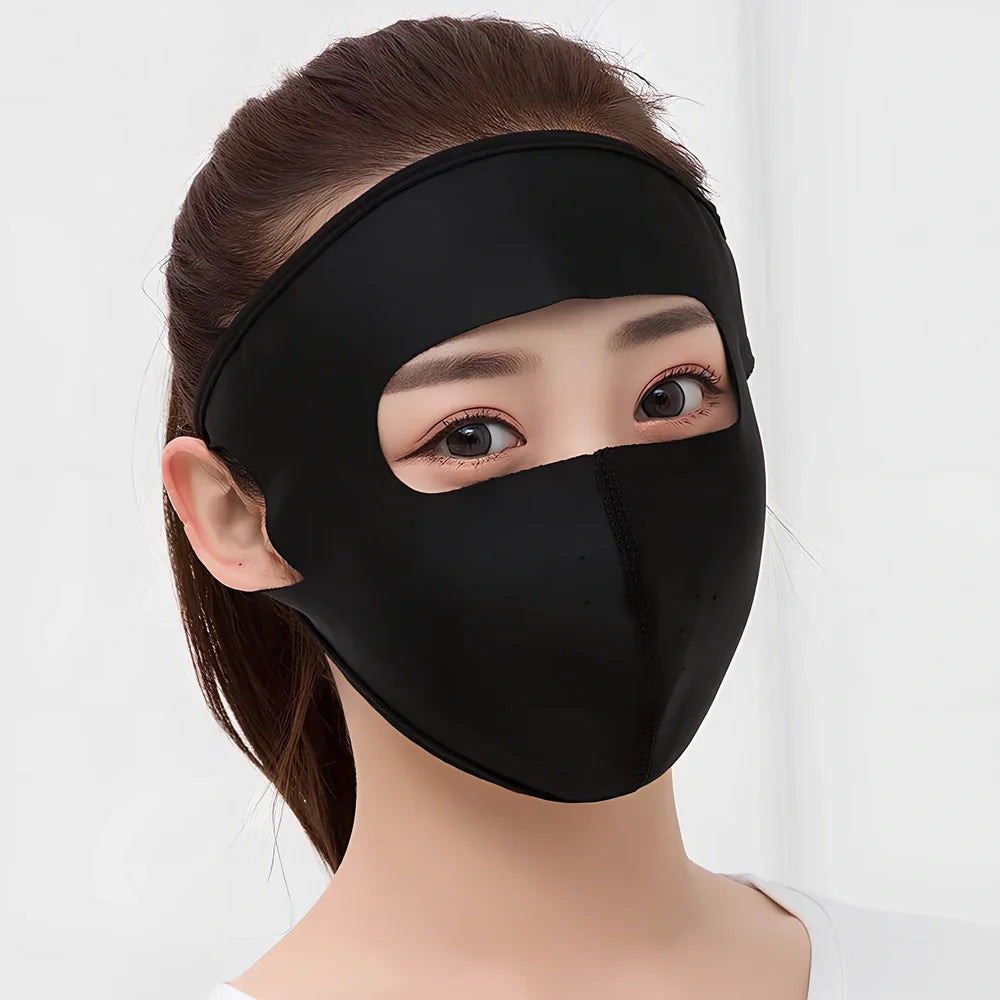 Breathable ice silk full face sun mask for women in navy blue, regular size, protecting eyes and skin from UV rays