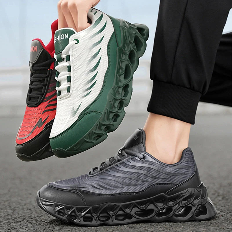 Men's thick-soled vulcanized sneakers in black red, white green, and black grey