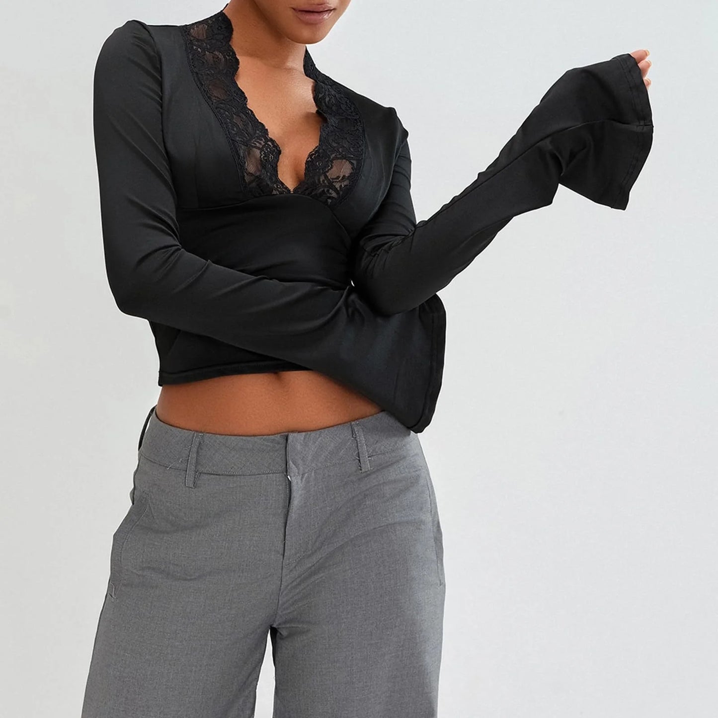 Slim V-neck Lace T-Shirt with Trumpet Sleeves for Women in white and black