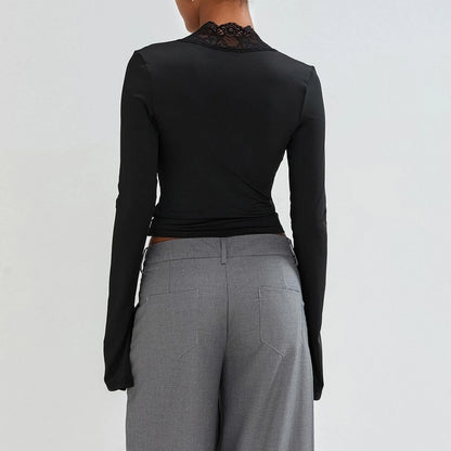 Slim V-neck Lace T-Shirt with Trumpet Sleeves for Women in white and black