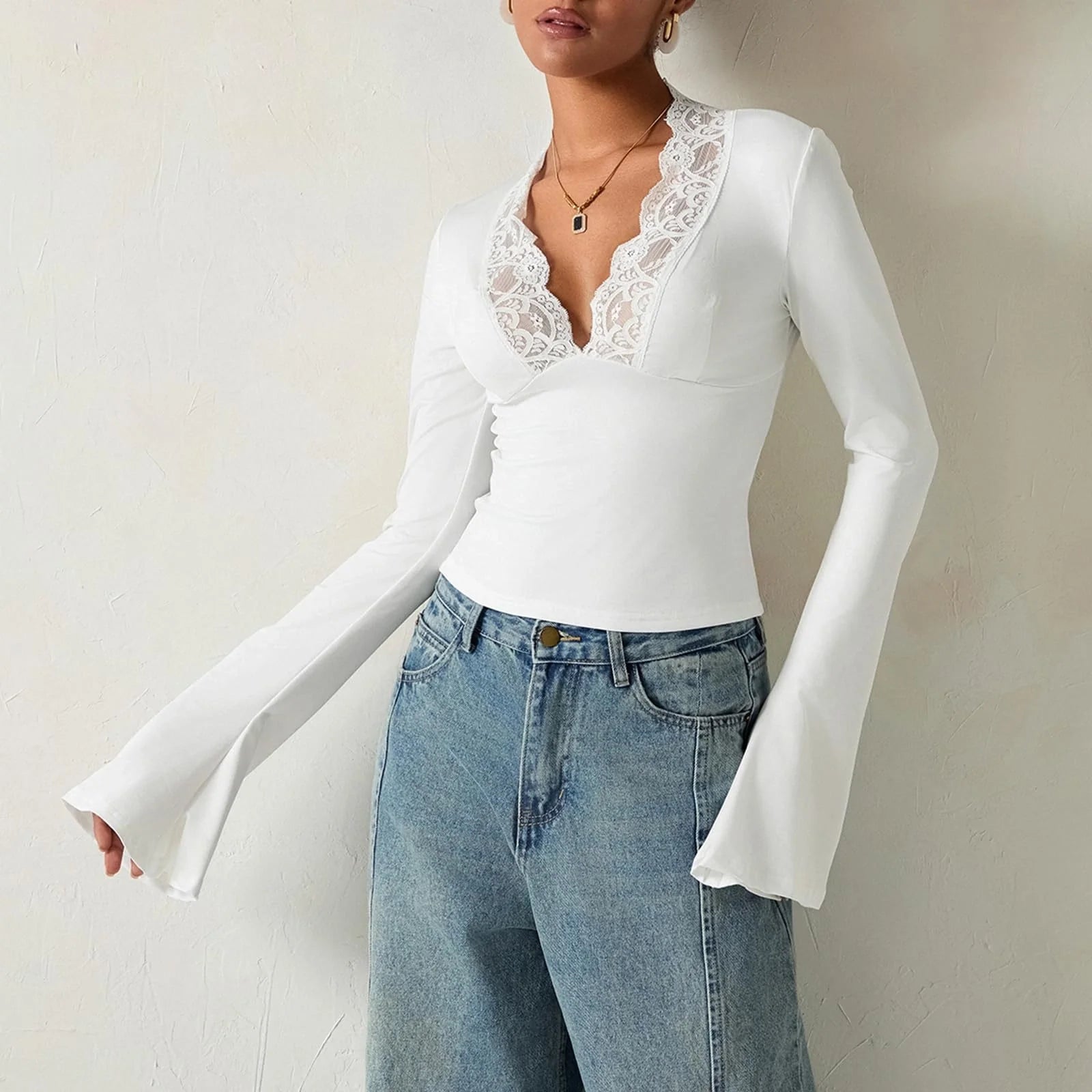 Slim V-neck Lace T-Shirt with Trumpet Sleeves for Women in white and black
