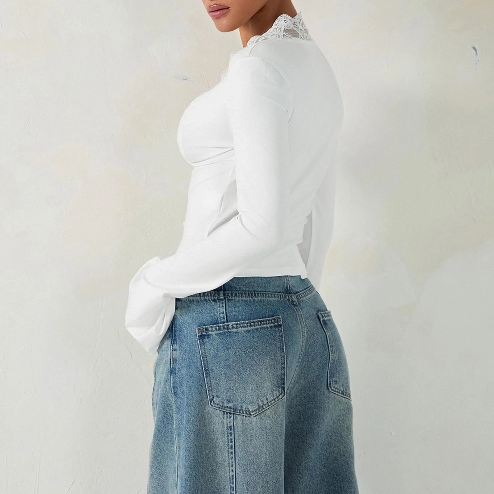 Slim V-neck Lace T-Shirt with Trumpet Sleeves for Women in white and black