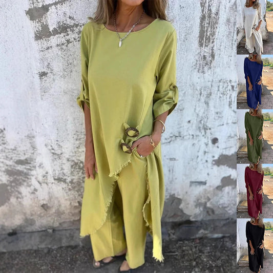 Women's loose irregular long suit set with metal buttons and wide-leg trousers in various colours