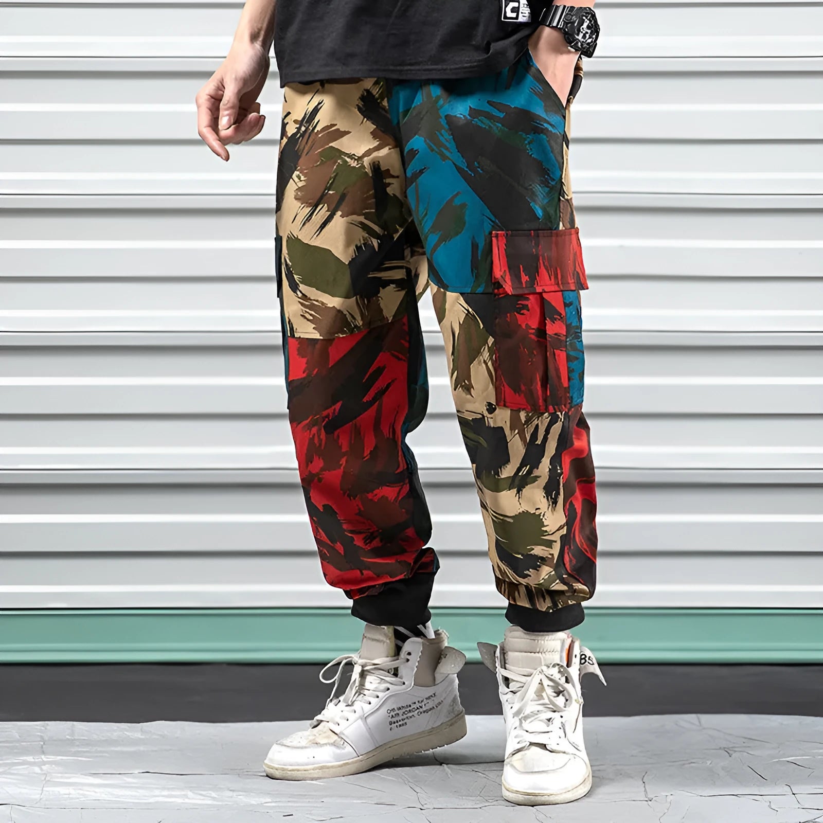 Blue camouflage overalls casual pants with loose fit, elastic waist, polyester fabric, sizes S to 5XL