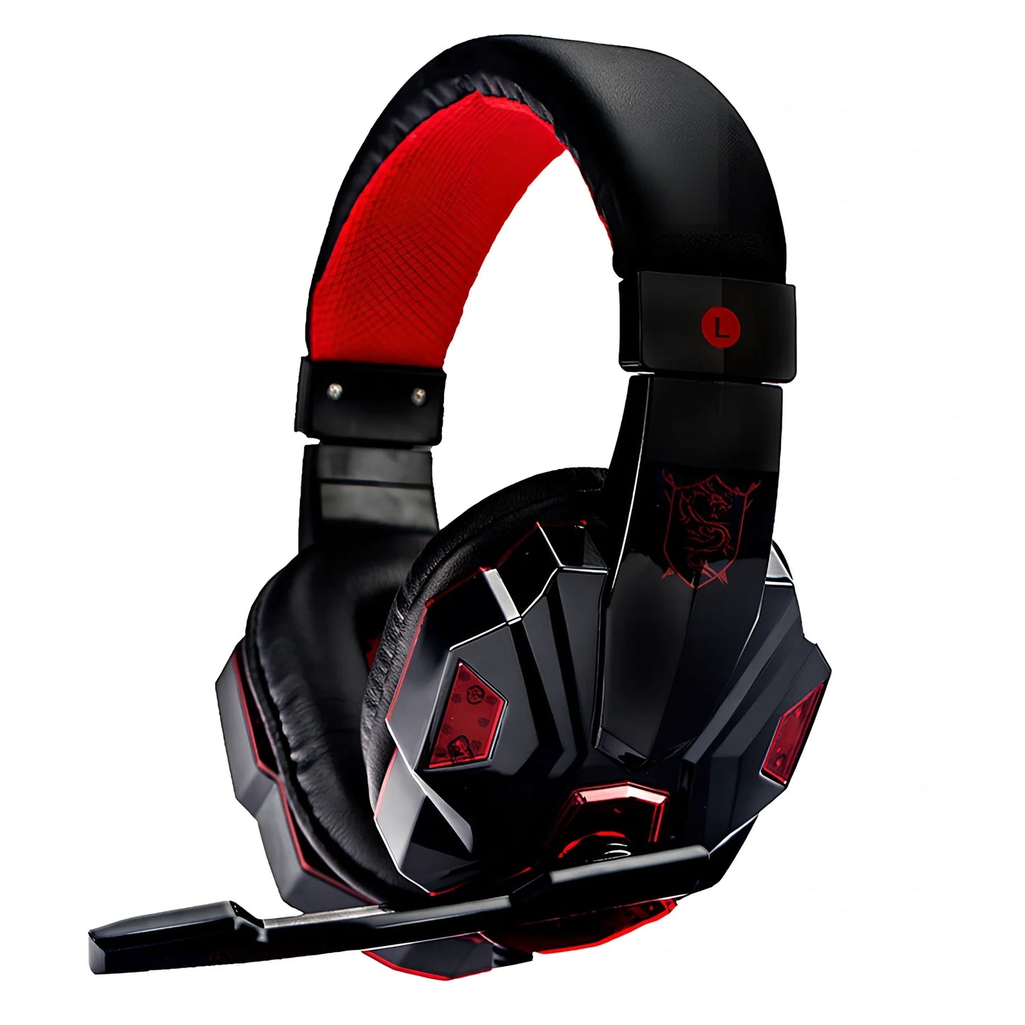 Black gaming headphones with adjustable microphone and braided cable showing 3.5mm plug