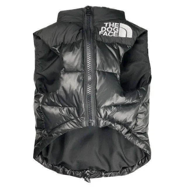 Thick warm down vest for dogs in black, showing side view, sizes S to XXL