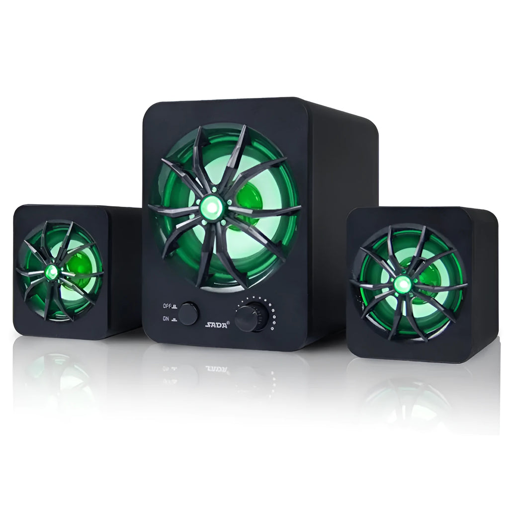 Green USB 2.1 computer speaker with colourful LED glow lights and a 150 cm connection cable.