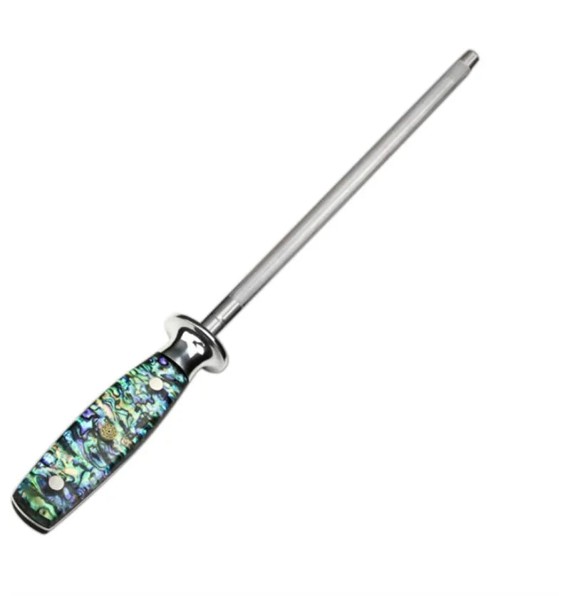 Manual high carbon steel knife sharpener with abalone shell handle.