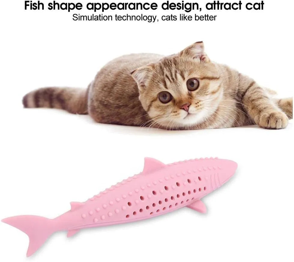 Fish-shaped silicone chew toy for cats with breathable side holes in green colour
