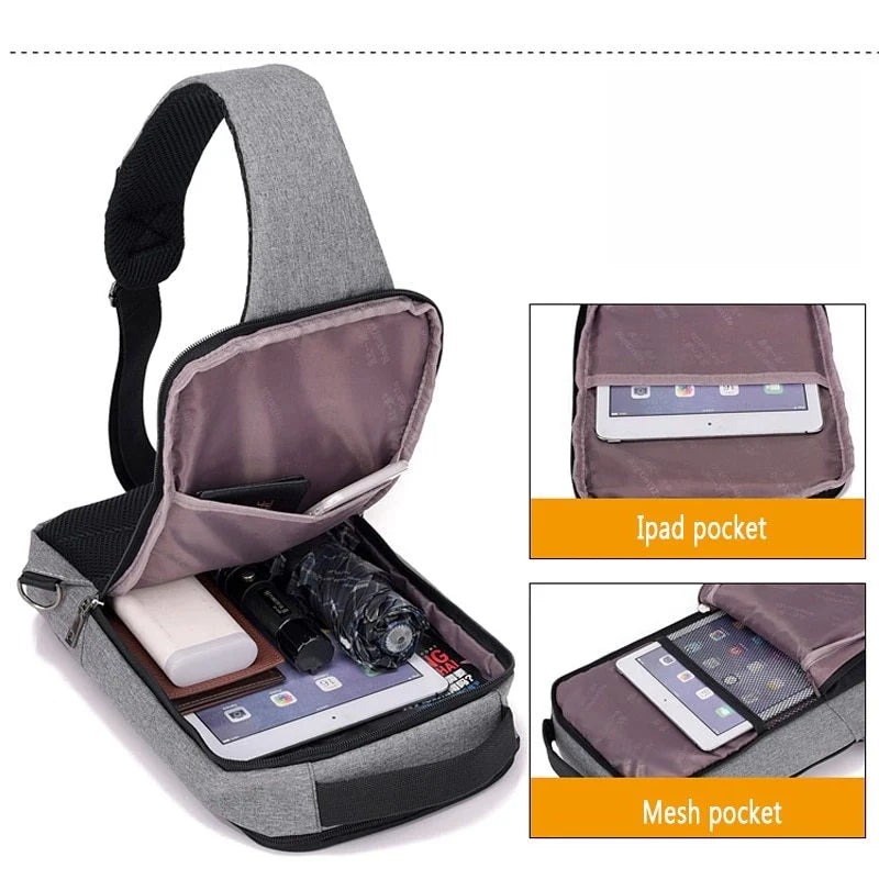 Anti-theft USB charging chest bag in various colours with secure zipper and computer pocket
