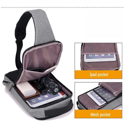 Anti-theft USB charging chest bag in various colours with secure zipper and computer pocket