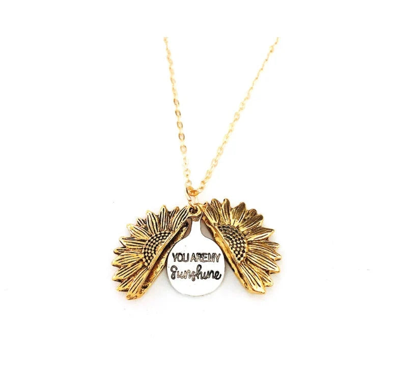 Sunflower Double Lettering Necklace in ancient gold, silver, and rose gold with adjustable chain