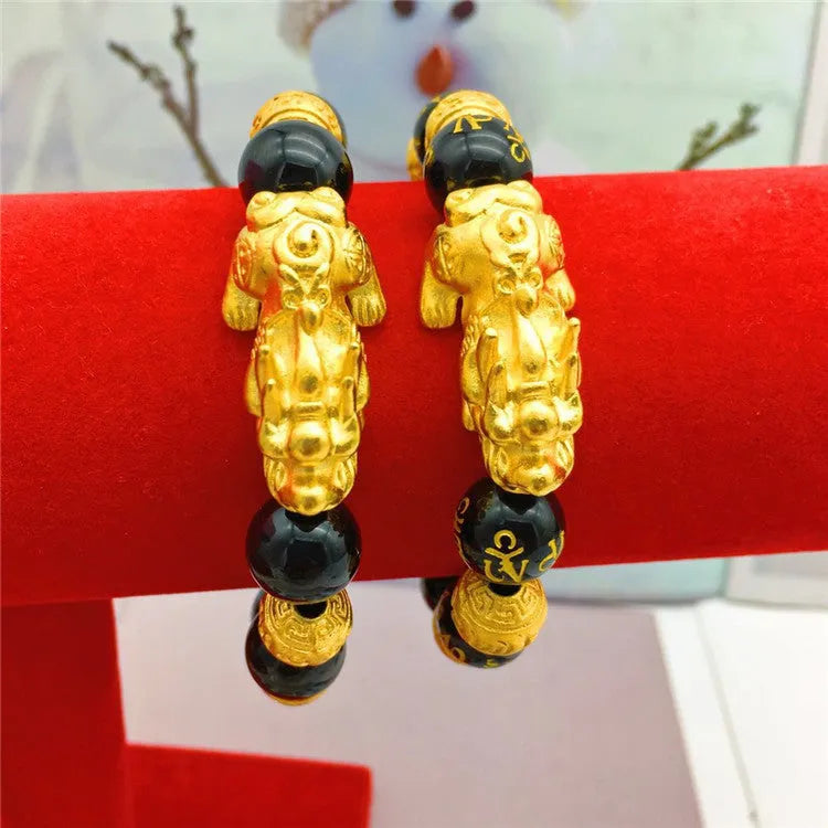 Vietnamese sand gold gold-plated brave bracelet with black beads, unisex design