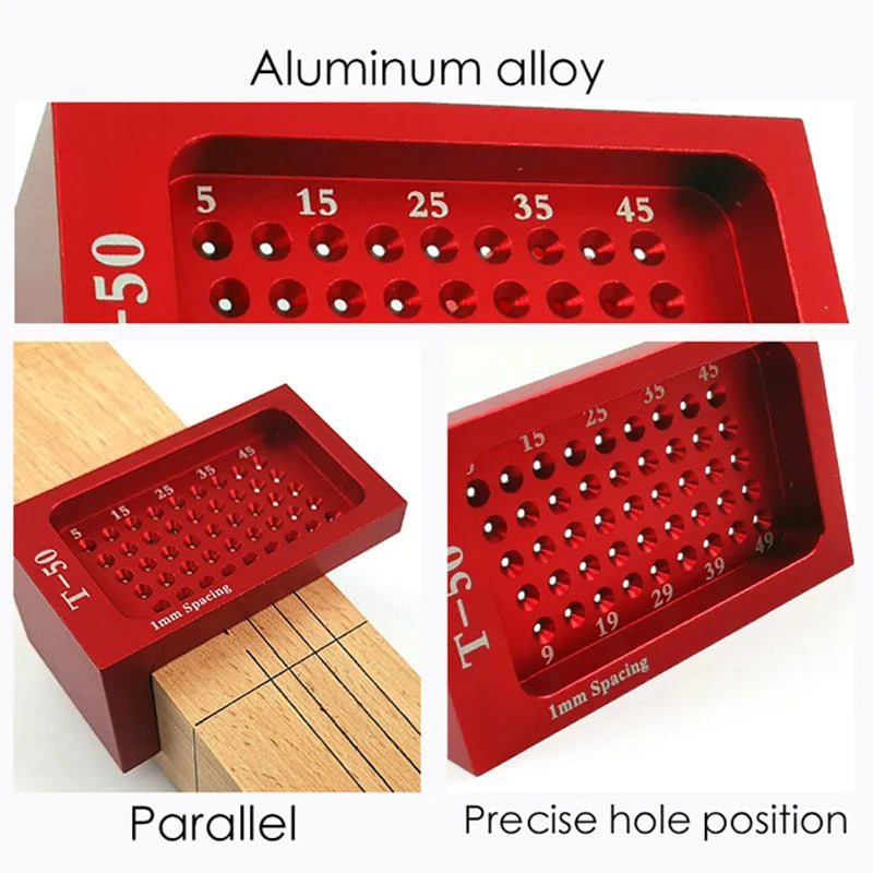 Red alloy steel T50 Mini Scribe woodworking ruler on a wooden workbench