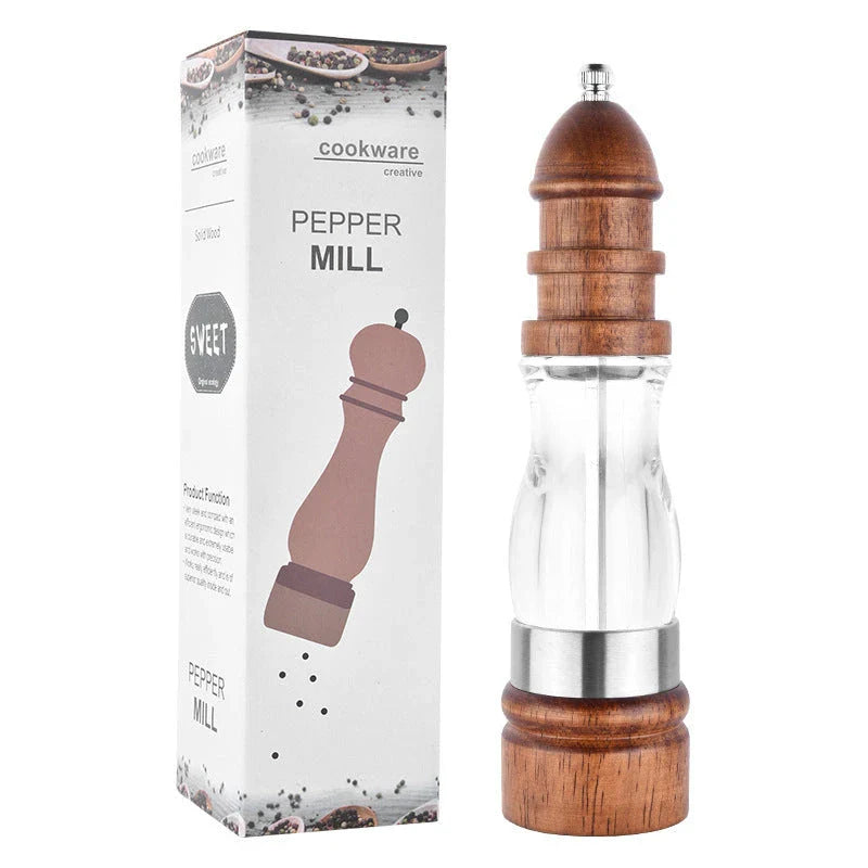 Wooden Salt and Pepper Grinder Set with adjustable coarseness on kitchen table