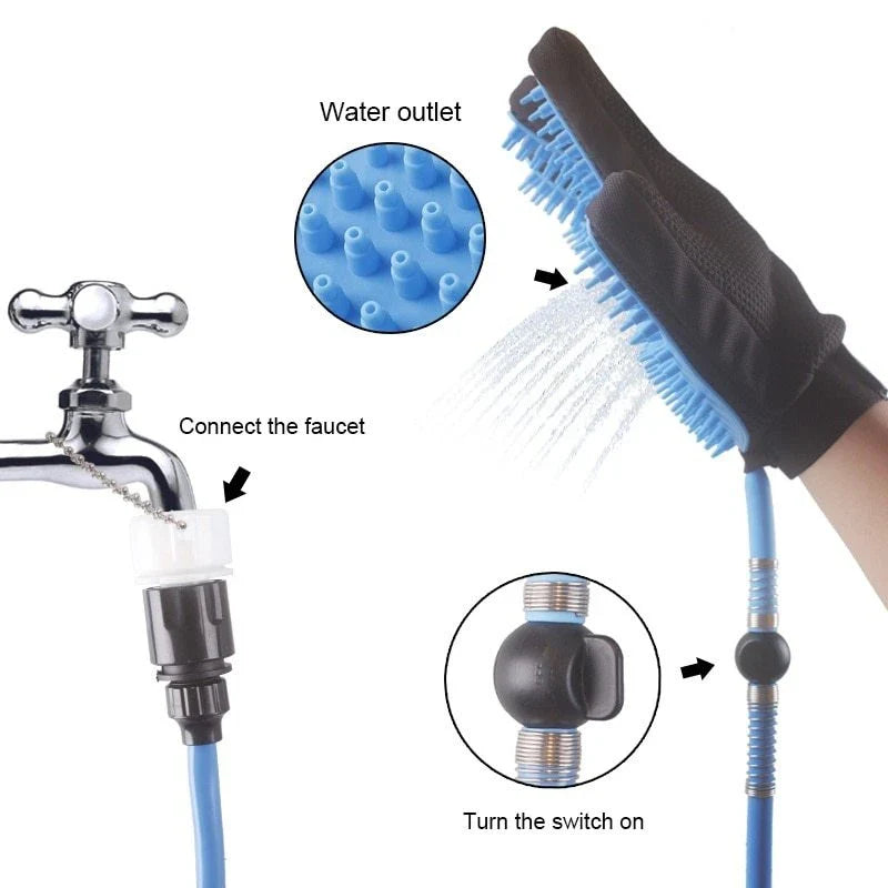 Blue handheld pet shower tool with massage gloves for dogs and cats