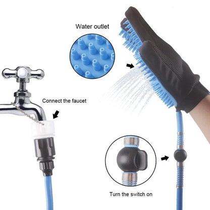 Blue handheld pet shower tool with massage gloves for dogs and cats