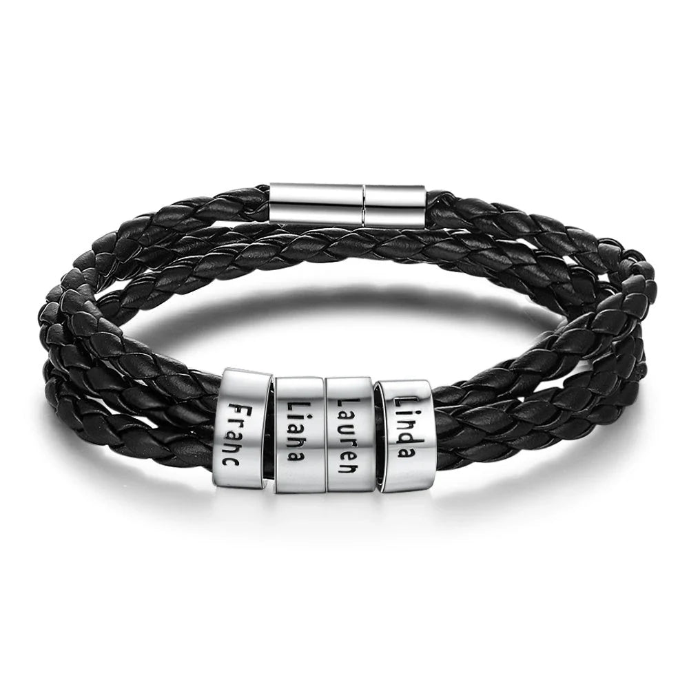 Personalized braided leather bracelet with engraved charm for men, available in black, brown, and navy colors