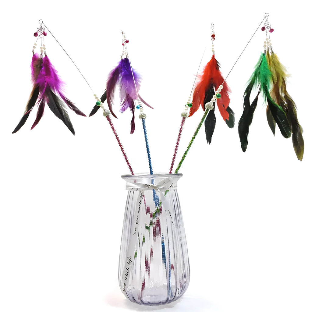 Cat feather wand toy with bells, 70cm full length, plastic and metal rods, random colour