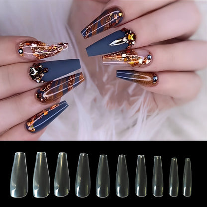 Pack of 500 clear and natural ballet shaped false nails in 10 sizes, ABS material for professional application