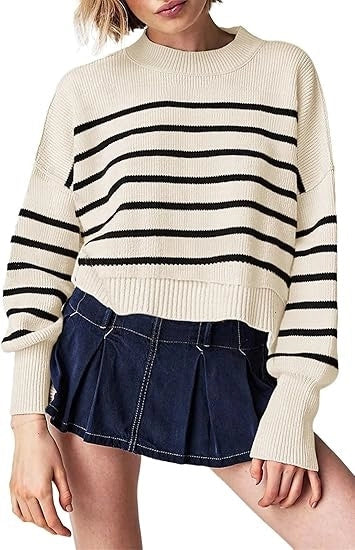 Striped long-sleeved sweater for women in black, apricot, and blue