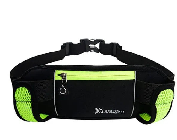 Sports running belt bag in black diving material with brand buckle, holding a mobile phone and water bottle
