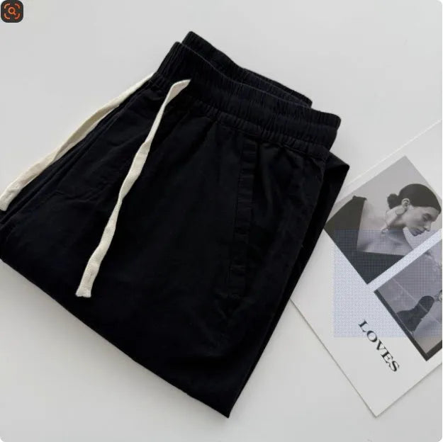 Men's loose straight casual summer pants in beige with drawstring waistband