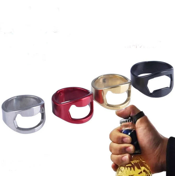 Stainless steel finger ring beer bottle opener in silver, black, gold, and red