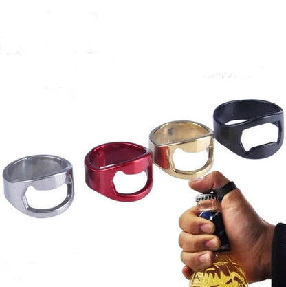 Stainless steel finger ring beer bottle opener in silver, black, gold, and red