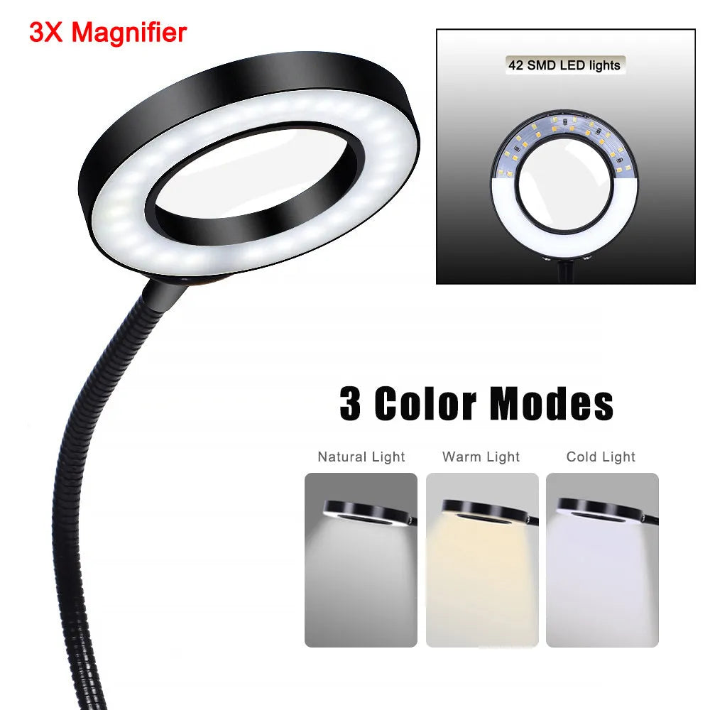 LED magnifying glass soldering station with 3x magnification, 42 SMD lights, and flexible arm on aluminium base