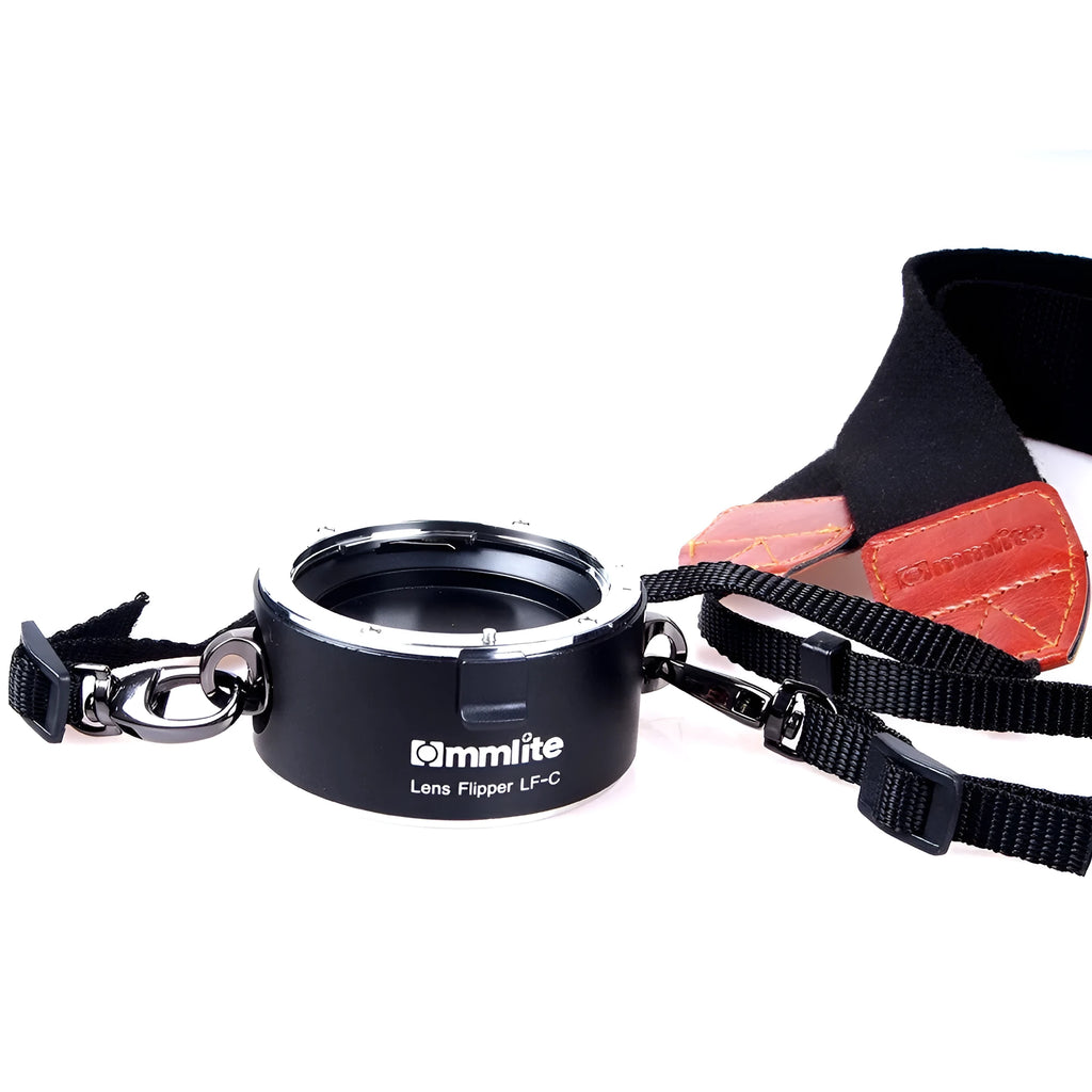 Aluminium alloy camera lens flipper dual holder with stainless steel buckle and cotton strap.