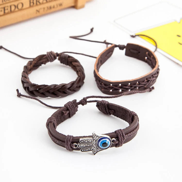 Adjustable cowhide leather men's bracelet with alloy details and PU braid