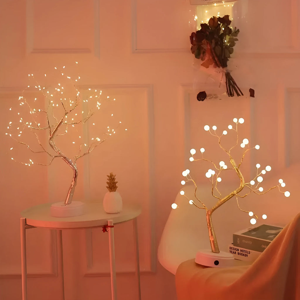 LED copper wire bedroom light with warm glow, silver tree body, and copper wire detail