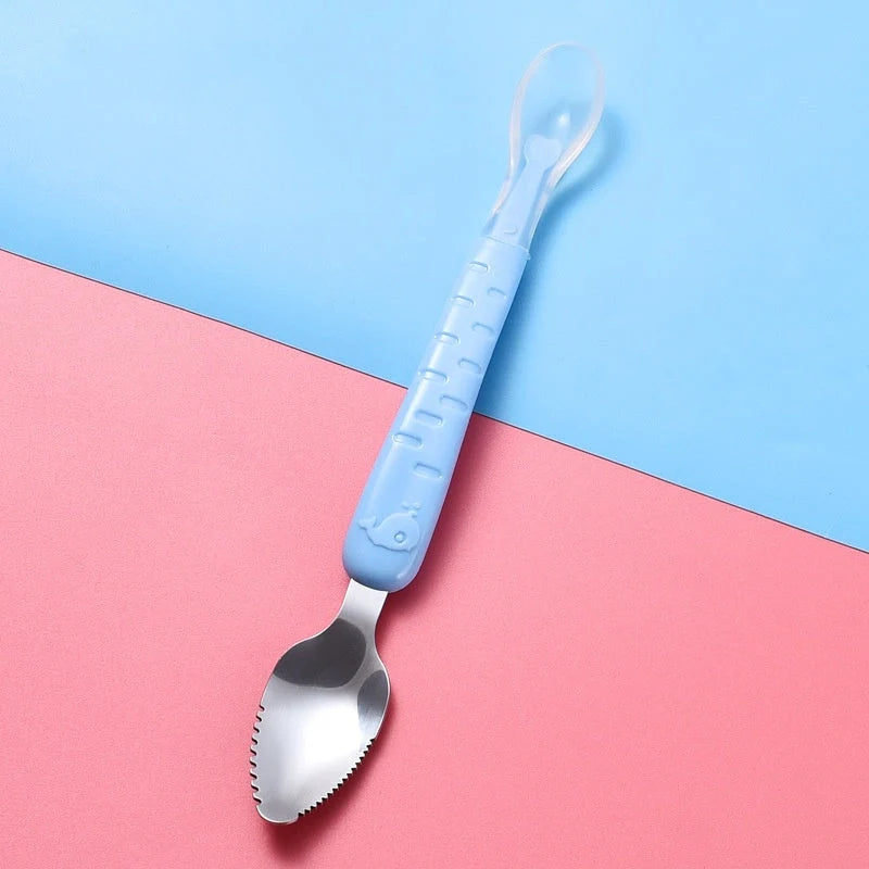 Baby Fruit Double-headed Mud Scraping Spoon in stainless steel with colorful options
