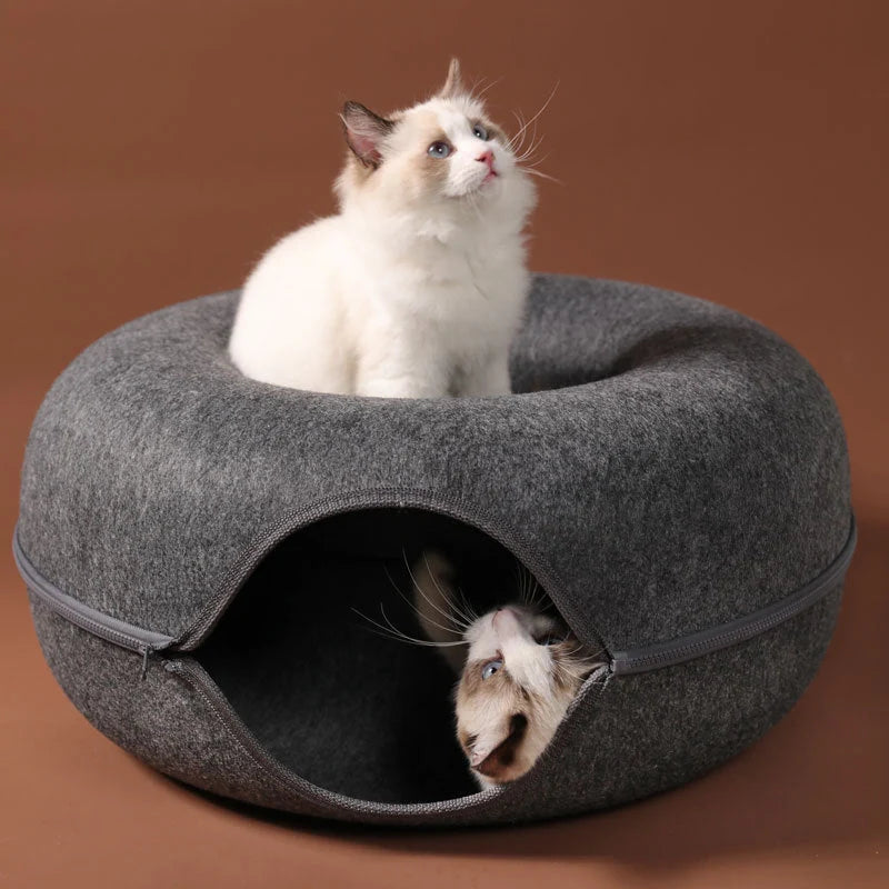 Round woolen felt cat nest with tunnel for interactive play, available in multiple colors and sizes