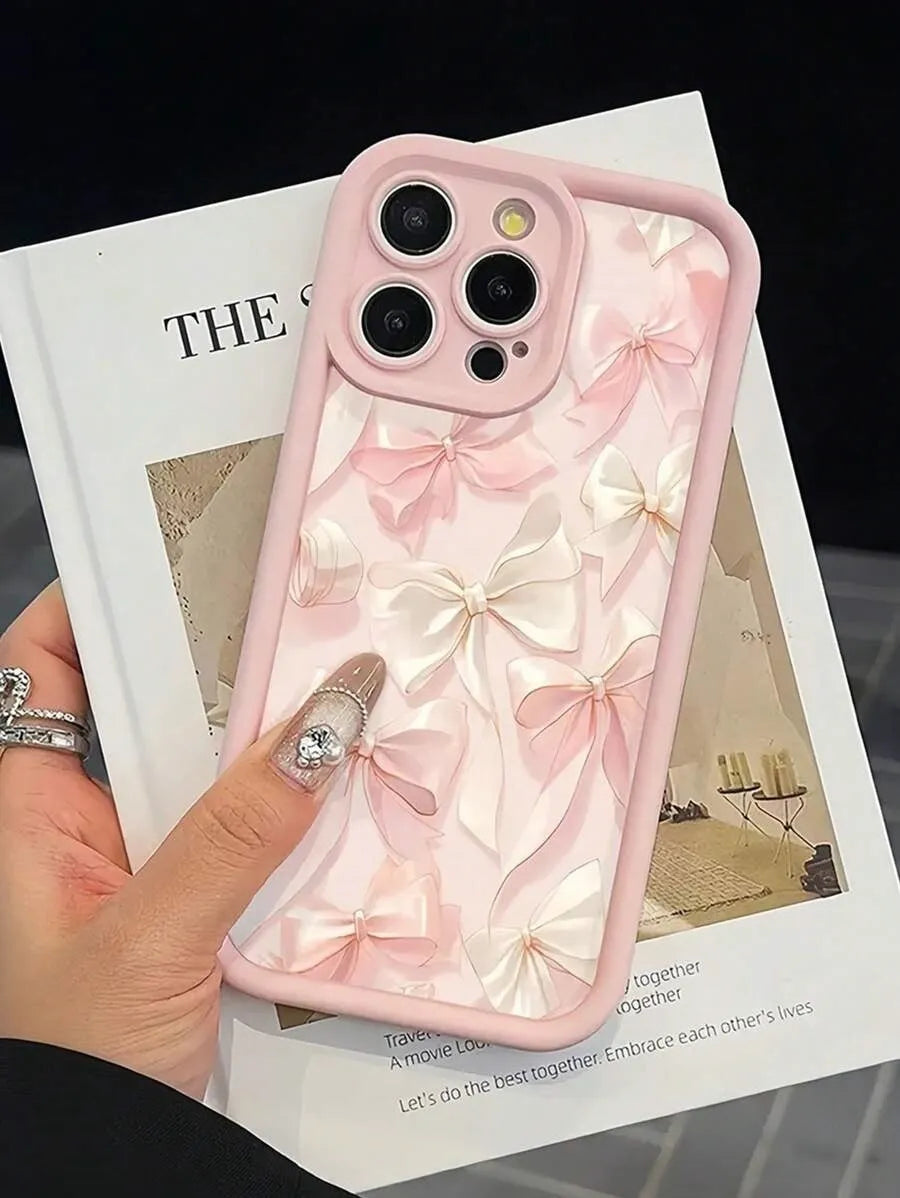 Pink all-inclusive TPU phone case with silk bow and Sky Eye ladder design for Apple iPhone