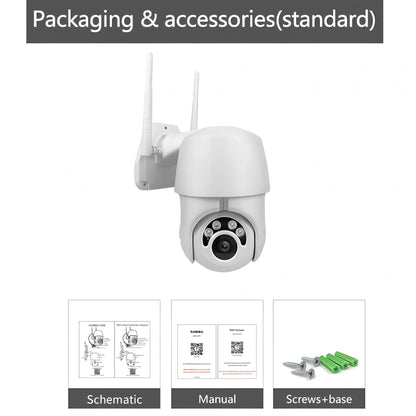 1080P wireless dome IP camera with 3.6mm lens, 355-degree pan, and 10-metre night vision for outdoor surveillance