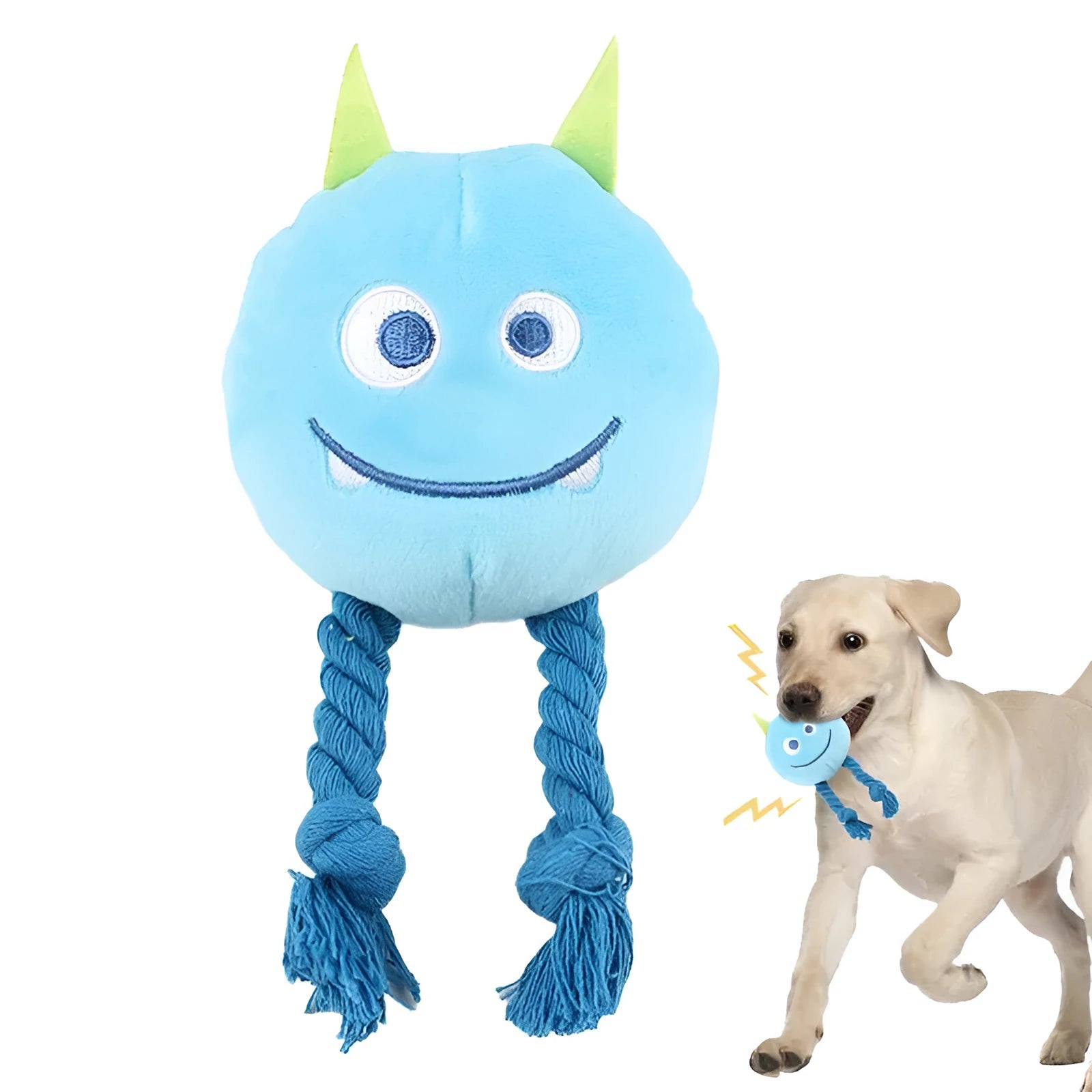 Dog squeaky toy with knot design in cotton rope, available in yellow or blue colours