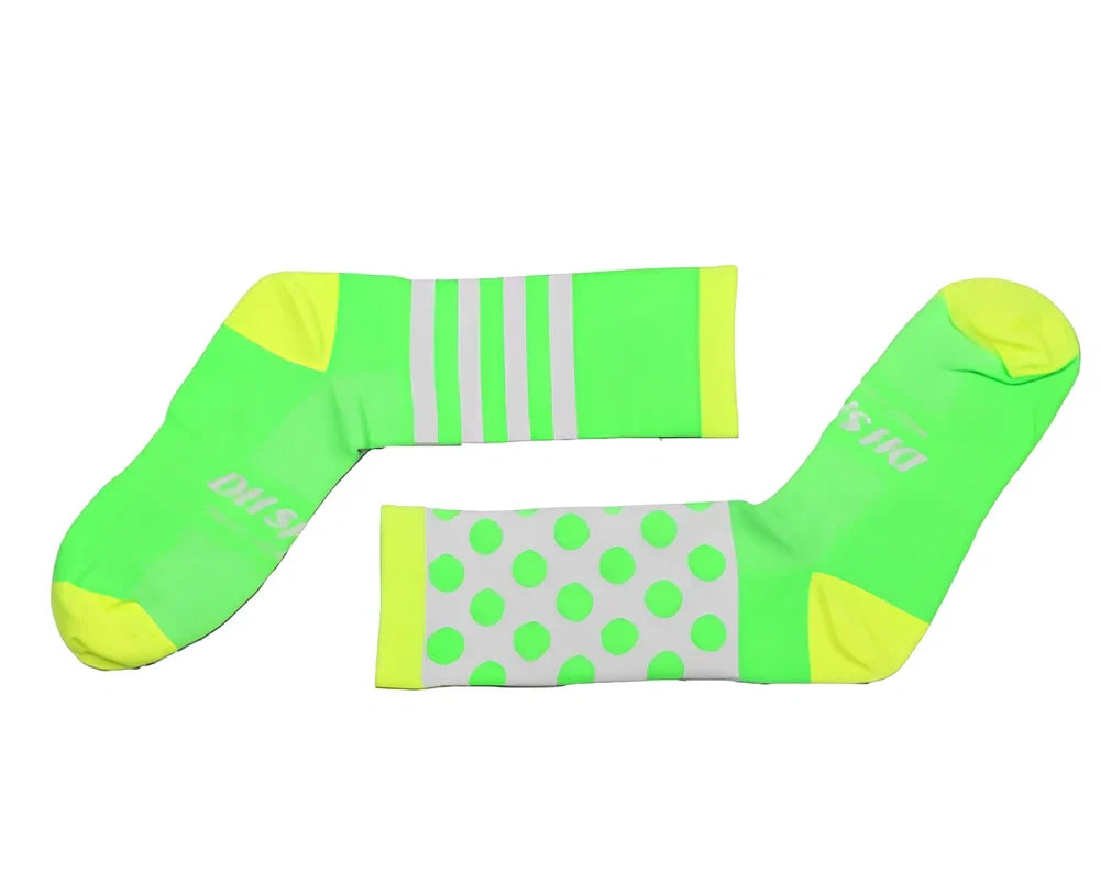 Pair of black powder compression cycling socks in size L, featuring stripe mesh pattern, 40-45cm long tube for breathable four-season support