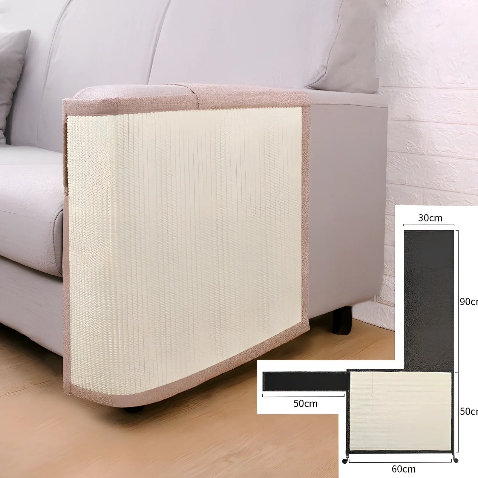 Dark grey cotton linen cat scratcher pad on sofa arm, 50cm wide anti-scratch protection for pet claws