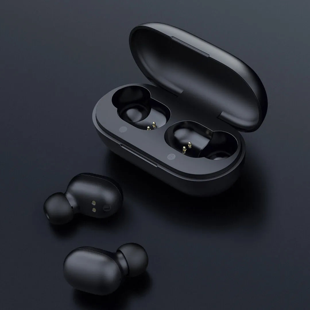 A pair of black true wireless Bluetooth earbuds for stereo sound and hands-free calls.