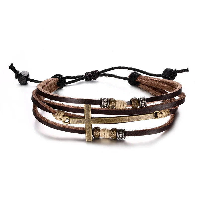 Men's retro cowhide cross bracelet with adjustable leather strap